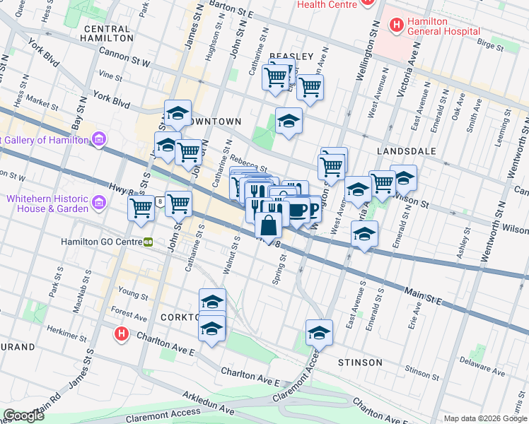 map of restaurants, bars, coffee shops, grocery stores, and more near 233 King Street East in Hamilton