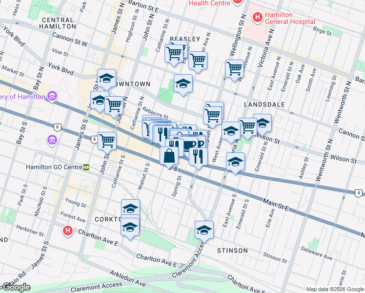 map of restaurants, bars, coffee shops, grocery stores, and more near in Hamilton