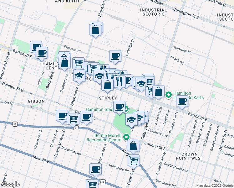 map of restaurants, bars, coffee shops, grocery stores, and more near 150 Lottridge Street in Hamilton