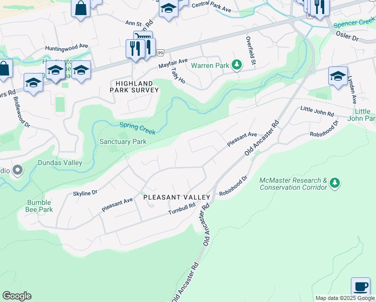 map of restaurants, bars, coffee shops, grocery stores, and more near 71 Sunrise Crescent in Hamilton
