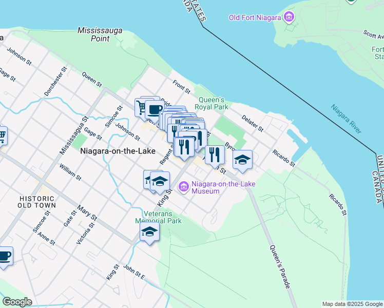 map of restaurants, bars, coffee shops, grocery stores, and more near 215 King Street in Niagara-on-the-Lake