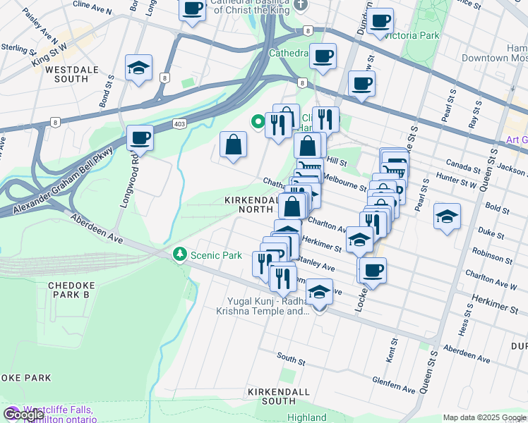 map of restaurants, bars, coffee shops, grocery stores, and more near 455 Charlton Avenue West in Hamilton