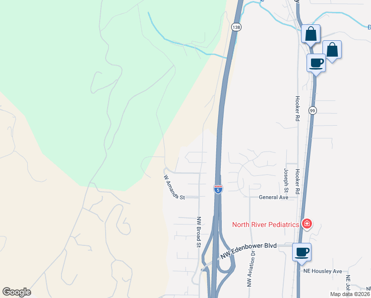 map of restaurants, bars, coffee shops, grocery stores, and more near 199 West Cordelia Court in Roseburg