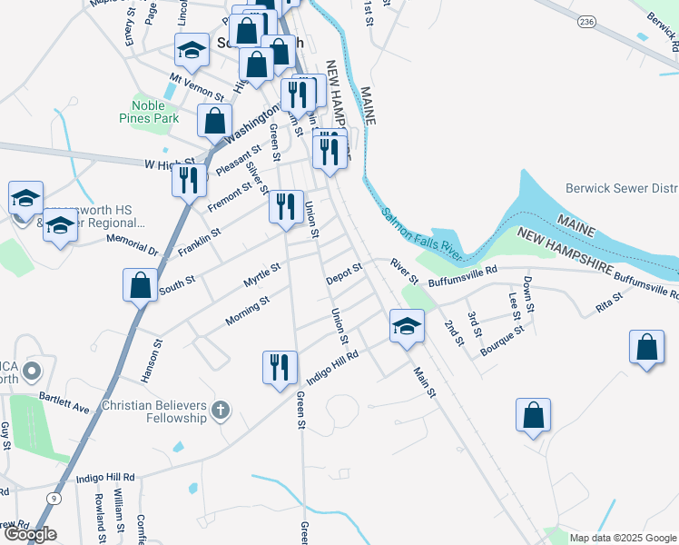 map of restaurants, bars, coffee shops, grocery stores, and more near 11 Depot Street in Somersworth