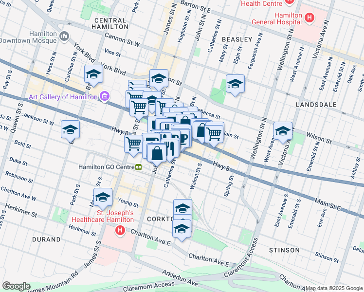 map of restaurants, bars, coffee shops, grocery stores, and more near in Hamilton