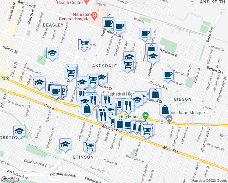 map of restaurants, bars, coffee shops, grocery stores, and more near 74 Tisdale Street North in Hamilton