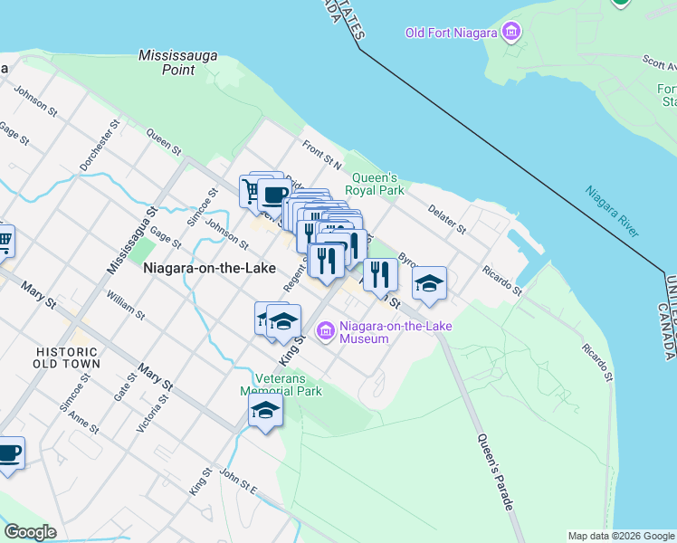 map of restaurants, bars, coffee shops, grocery stores, and more near 228 King Street in Niagara-on-the-Lake