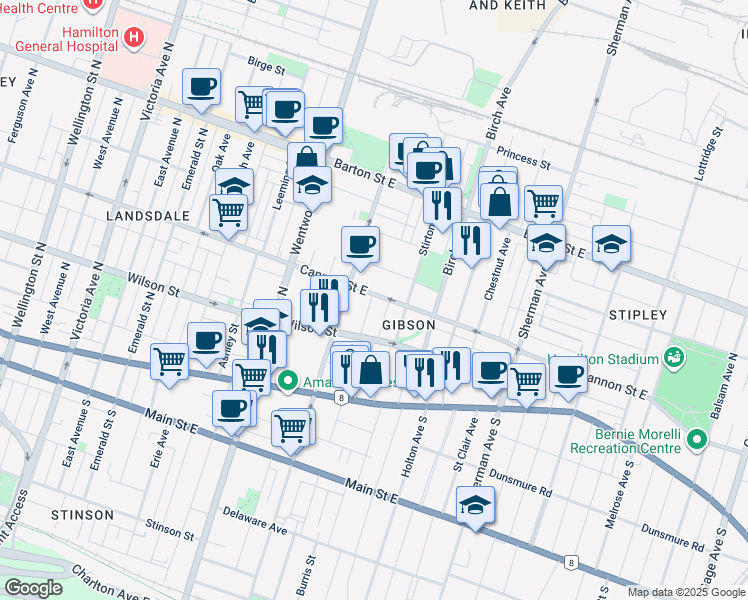 map of restaurants, bars, coffee shops, grocery stores, and more near 21 Hazel Avenue in Hamilton