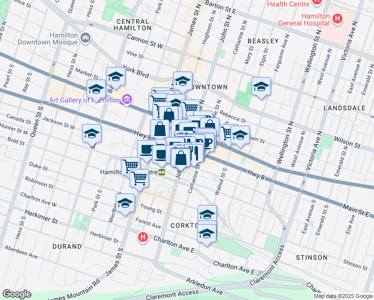 map of restaurants, bars, coffee shops, grocery stores, and more near 58 Hamilton Regional Road 8 in Hamilton