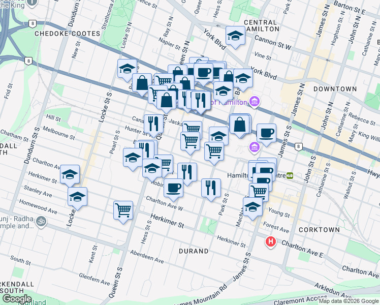 map of restaurants, bars, coffee shops, grocery stores, and more near 130 Caroline Street South in Hamilton