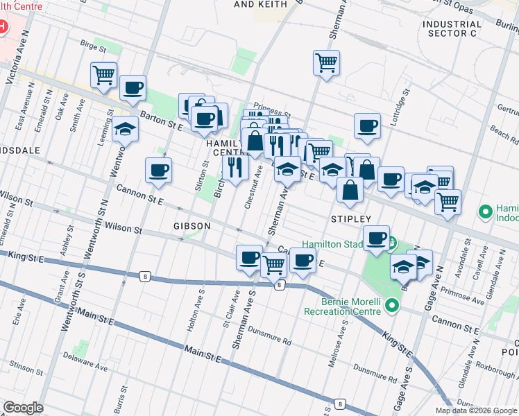 map of restaurants, bars, coffee shops, grocery stores, and more near 62 Kinrade Avenue in Hamilton