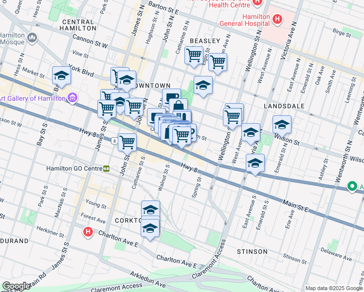 map of restaurants, bars, coffee shops, grocery stores, and more near in Hamilton