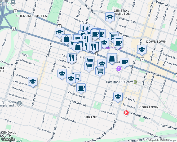 map of restaurants, bars, coffee shops, grocery stores, and more near 130 Caroline Street South in Hamilton