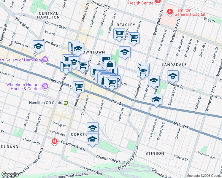 map of restaurants, bars, coffee shops, grocery stores, and more near 215 King Street East in Hamilton