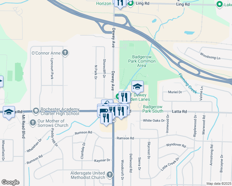 map of restaurants, bars, coffee shops, grocery stores, and more near 4500 Dewey Avenue in Rochester