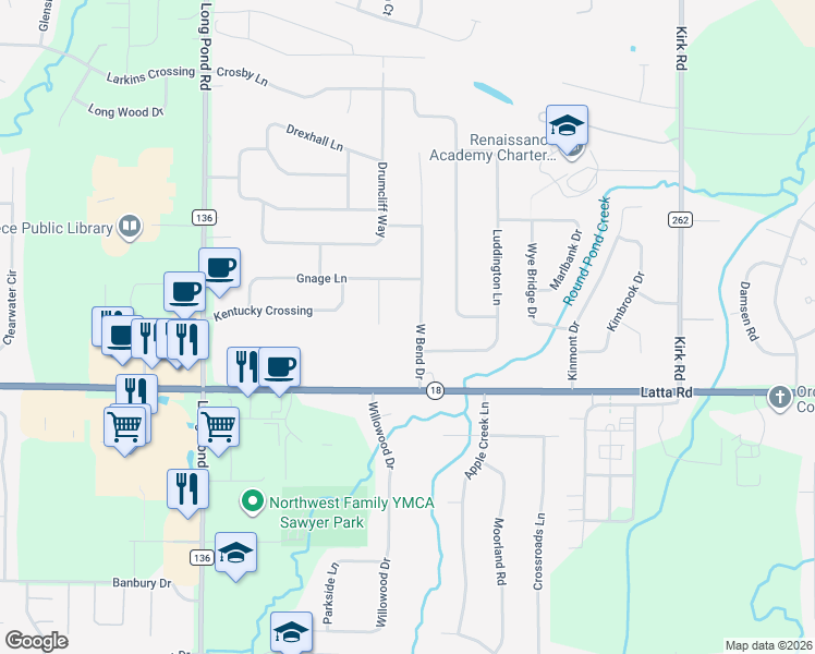 map of restaurants, bars, coffee shops, grocery stores, and more near 87 West Bend Drive in Rochester