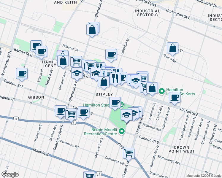 map of restaurants, bars, coffee shops, grocery stores, and more near 777 Barton Street East in Hamilton