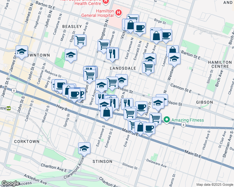map of restaurants, bars, coffee shops, grocery stores, and more near in Hamilton