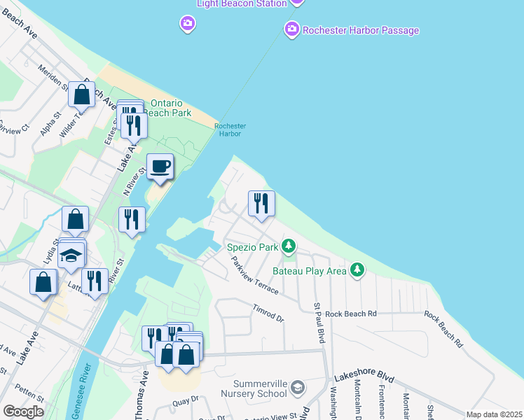 map of restaurants, bars, coffee shops, grocery stores, and more near 99 Lake Front in Irondequoit
