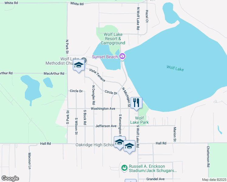 map of restaurants, bars, coffee shops, grocery stores, and more near 173 Vista Terrace in Muskegon
