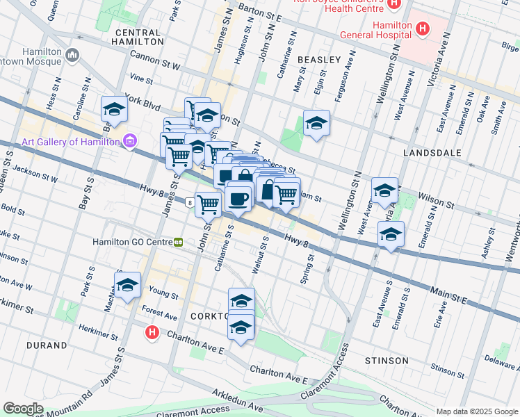 map of restaurants, bars, coffee shops, grocery stores, and more near in Hamilton