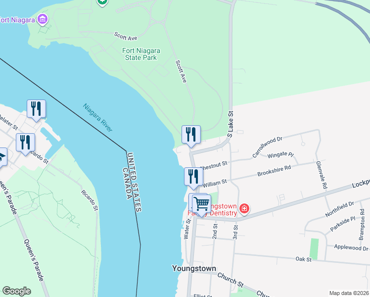map of restaurants, bars, coffee shops, grocery stores, and more near 1 Main Street in Youngstown
