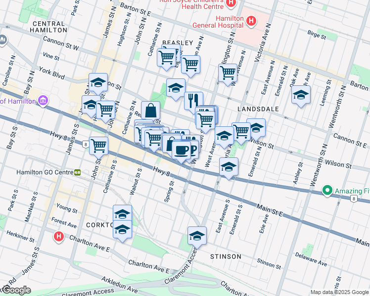 map of restaurants, bars, coffee shops, grocery stores, and more near 20 Jarvis Street in Hamilton