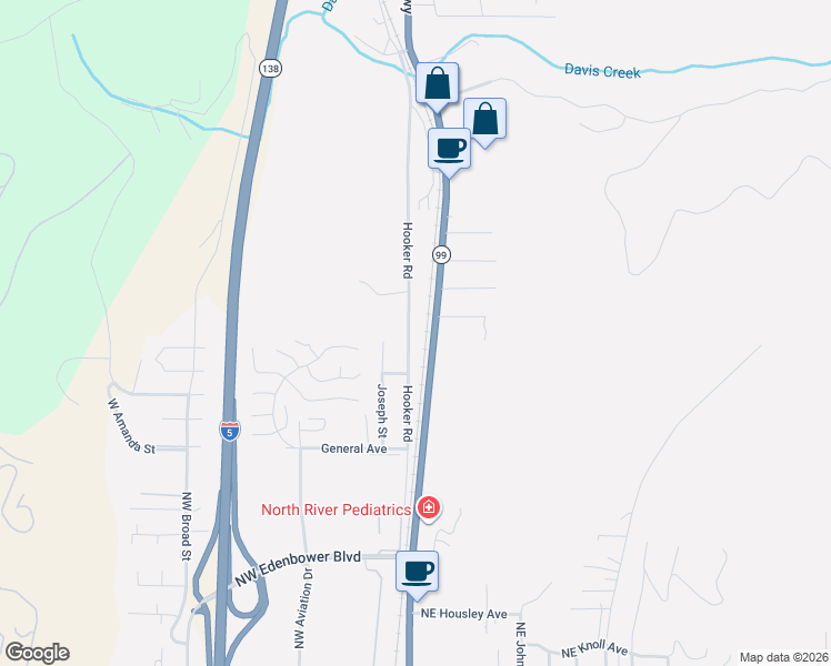 map of restaurants, bars, coffee shops, grocery stores, and more near 3863 Hooker Road in Roseburg