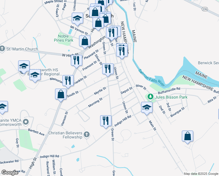 map of restaurants, bars, coffee shops, grocery stores, and more near 14 School Street in Somersworth