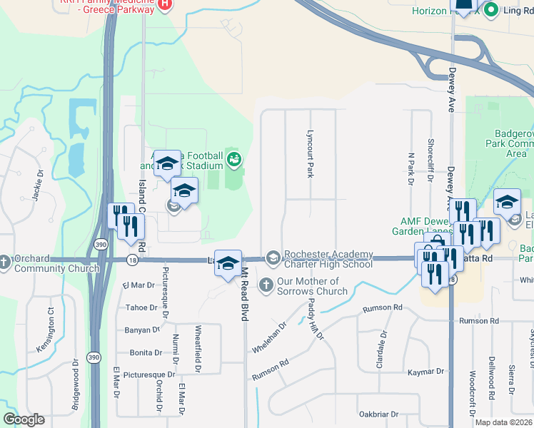 map of restaurants, bars, coffee shops, grocery stores, and more near 731 Shorecliff Drive in Rochester