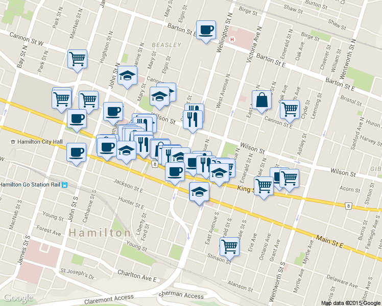 map of restaurants, bars, coffee shops, grocery stores, and more near in Hamilton