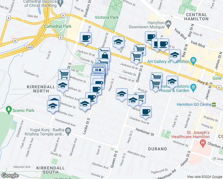 map of restaurants, bars, coffee shops, grocery stores, and more near 293 Bold Street in Hamilton