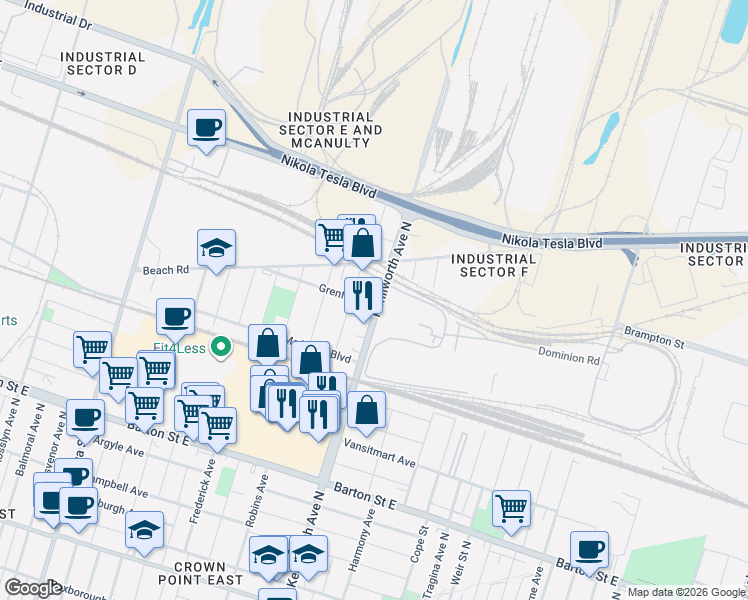 map of restaurants, bars, coffee shops, grocery stores, and more near 491 Kenilworth Avenue North in Hamilton