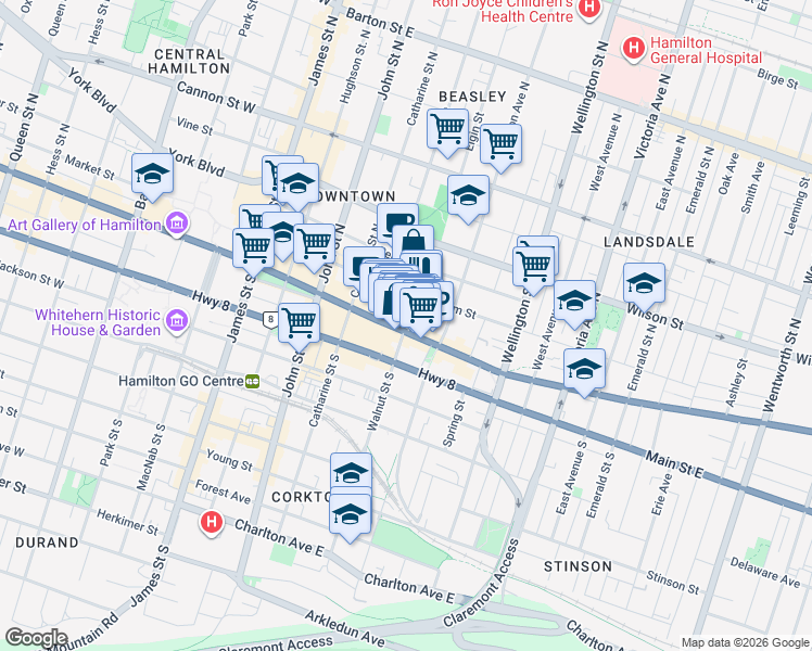 map of restaurants, bars, coffee shops, grocery stores, and more near in Hamilton