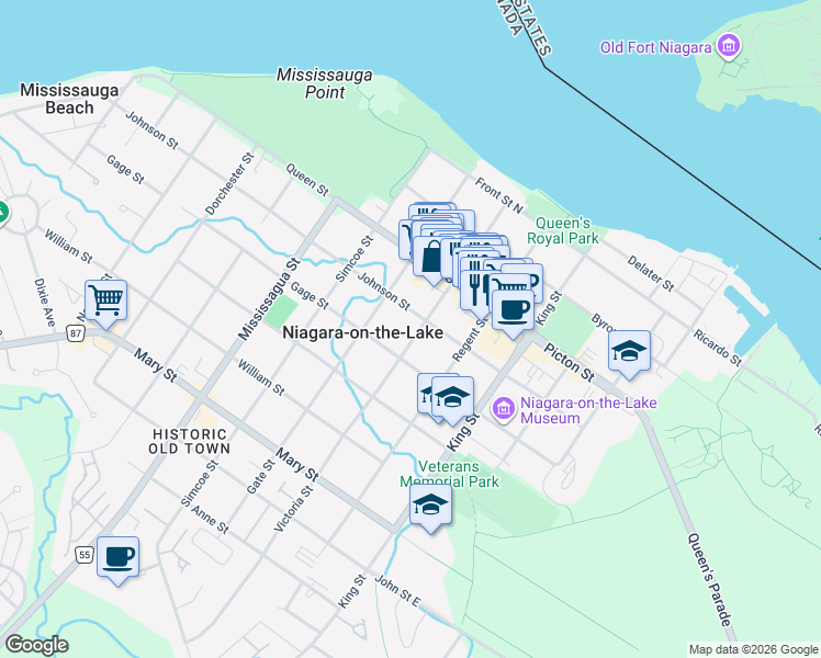 map of restaurants, bars, coffee shops, grocery stores, and more near 267 Victoria Street in Niagara-on-the-Lake