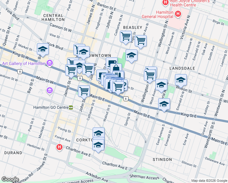 map of restaurants, bars, coffee shops, grocery stores, and more near 203 King Street East in Hamilton