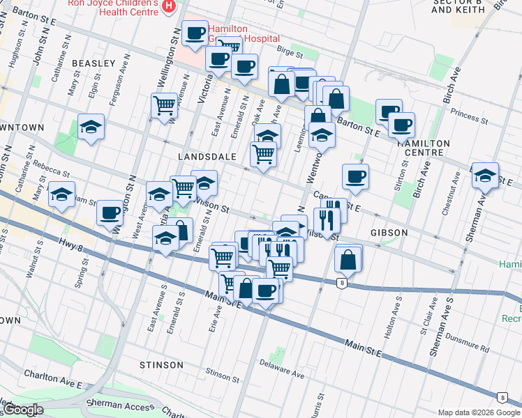 map of restaurants, bars, coffee shops, grocery stores, and more near 19 Century Street in Hamilton
