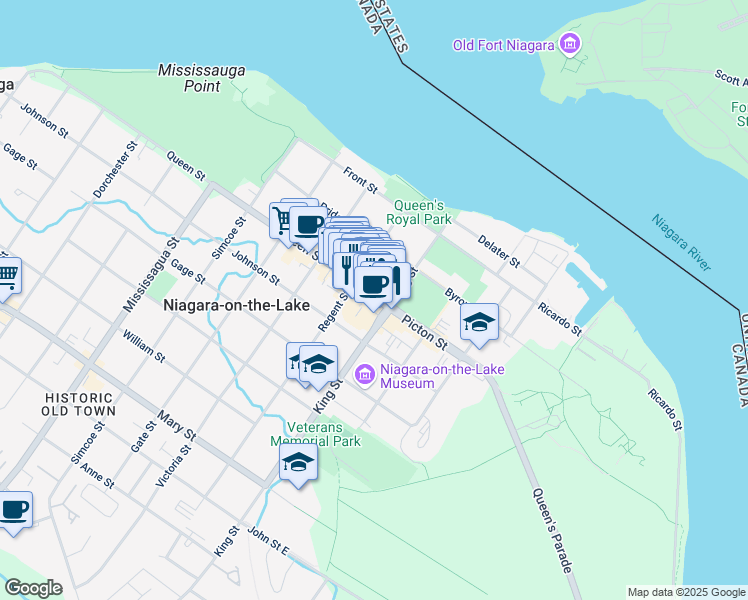 map of restaurants, bars, coffee shops, grocery stores, and more near 18 Queen Street in Niagara-on-the-Lake
