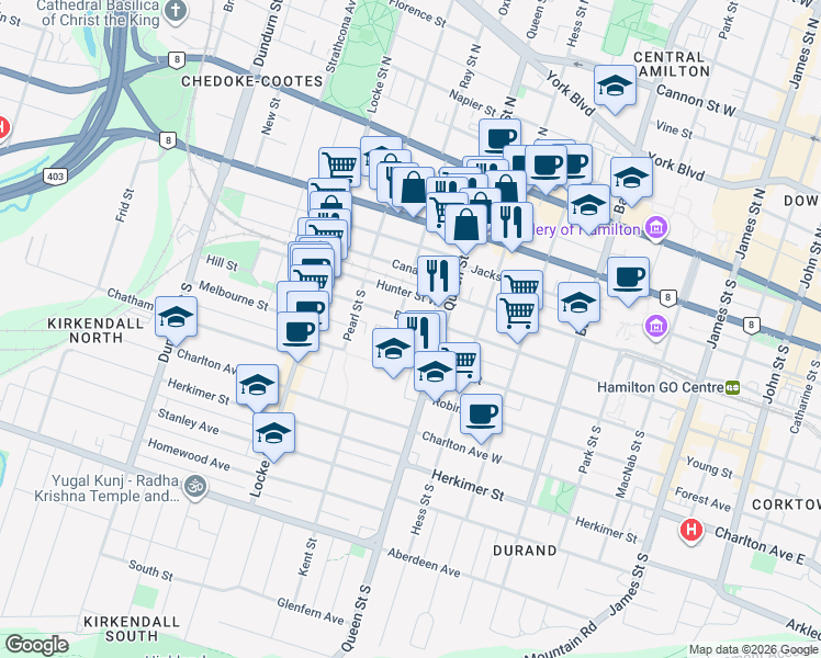 map of restaurants, bars, coffee shops, grocery stores, and more near 255 Bold Street in Hamilton
