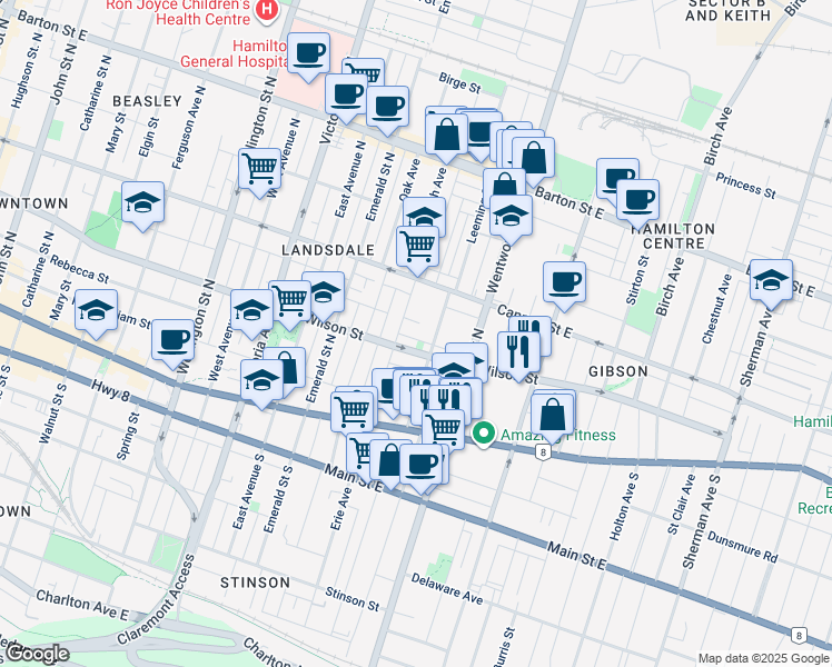map of restaurants, bars, coffee shops, grocery stores, and more near in Hamilton