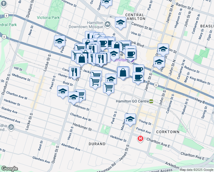 map of restaurants, bars, coffee shops, grocery stores, and more near in Hamilton