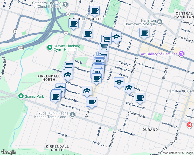map of restaurants, bars, coffee shops, grocery stores, and more near 184 Locke Street South in Hamilton