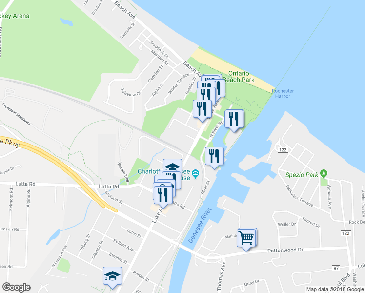 map of restaurants, bars, coffee shops, grocery stores, and more near 4609 Lake Avenue in Rochester