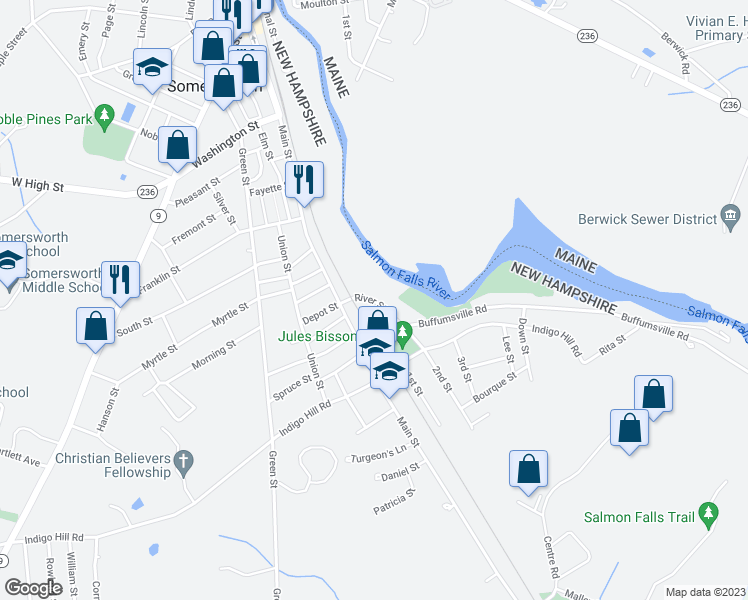 map of restaurants, bars, coffee shops, grocery stores, and more near 8 River Street in Somersworth