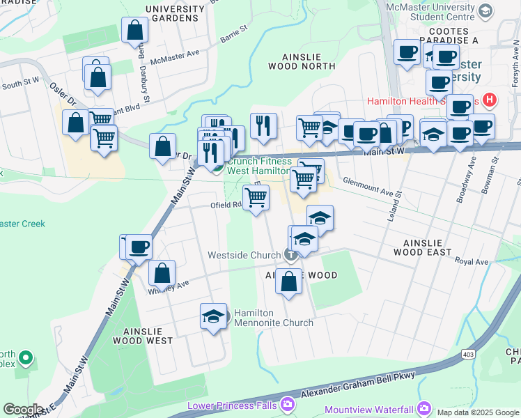 map of restaurants, bars, coffee shops, grocery stores, and more near 1 Ofield Road in Hamilton