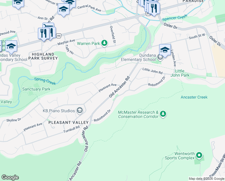 map of restaurants, bars, coffee shops, grocery stores, and more near 25 Pleasant Avenue in Hamilton