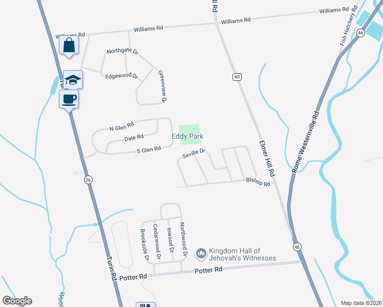 map of restaurants, bars, coffee shops, grocery stores, and more near 6615 Seville Dr in Rome