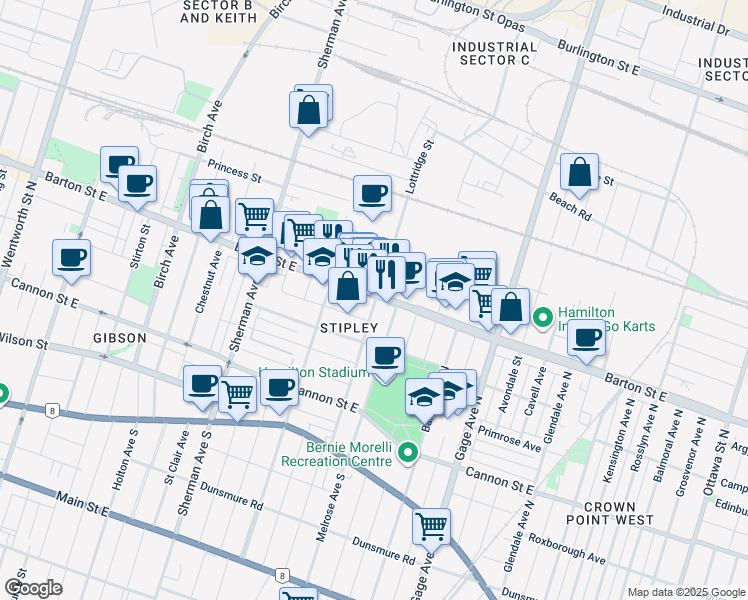 map of restaurants, bars, coffee shops, grocery stores, and more near 777 Barton Street East in Hamilton