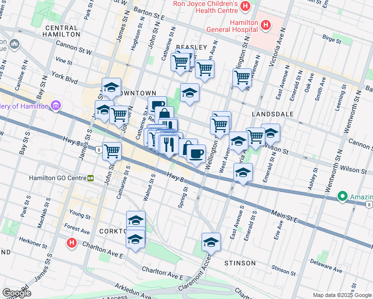 map of restaurants, bars, coffee shops, grocery stores, and more near in Hamilton
