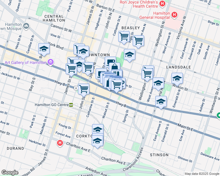 map of restaurants, bars, coffee shops, grocery stores, and more near in Hamilton